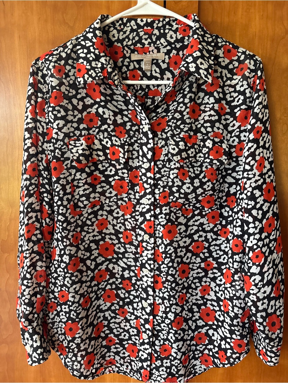 Banana Republic Black Floral Poppies Button-Up Top with Red Blooms